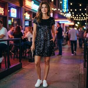 White House Black Market Black Sequin Shift Dress M Short Sleeve Party Cocktail